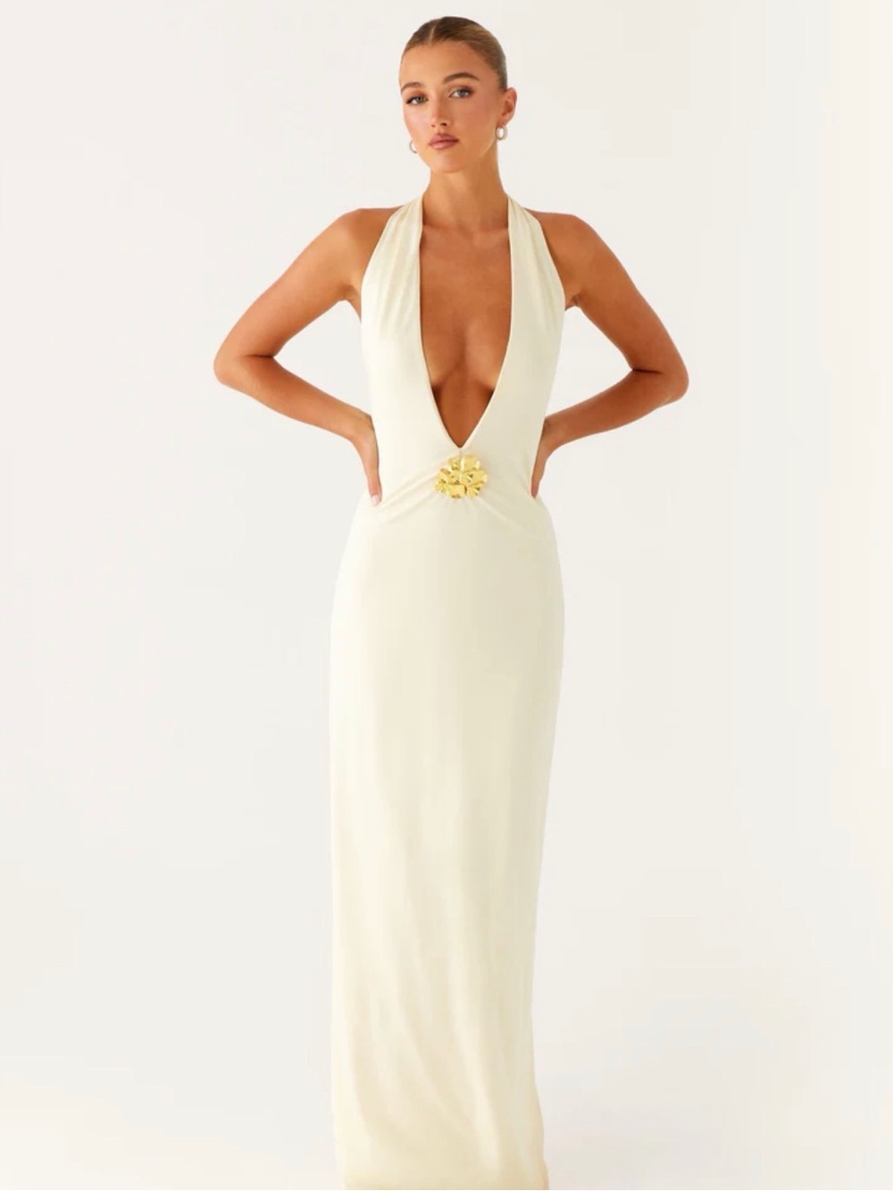 Peppermayo spirit maxi Cream Plunge Halter Evening Dress with Gold Accent